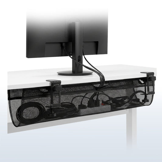 Long clamp on cable management net attached to a desk.
