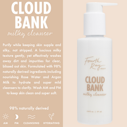 White pump bottle of Fourth Ray Beauty Cloud Bank Milky Cleanser stands against a beige backdrop, highlighting a hydrating ColourPop Face Cleanser with AM/PM use, 98% naturally derived ingredients like rose water and argan milk, 5.8 fl oz.