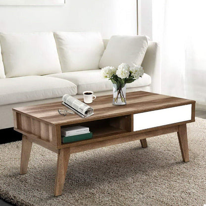 Coffee Table 2 Storage Drawers Open Shelf Scandinavian Wooden White -Home Living Store - -