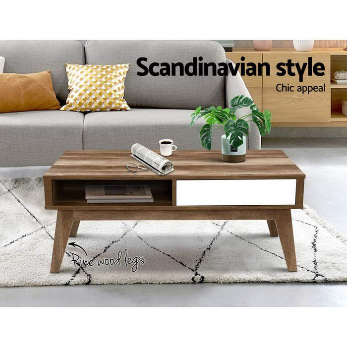 Coffee Table 2 Storage Drawers Open Shelf Scandinavian Wooden White -Home Living Store - -