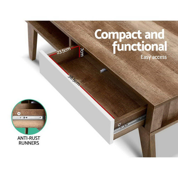 Coffee Table 2 Storage Drawers Open Shelf Scandinavian Wooden White -Home Living Store - -