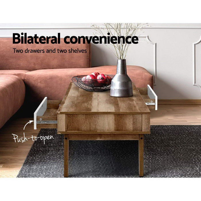 Coffee Table 2 Storage Drawers Open Shelf Scandinavian Wooden White -Home Living Store - -