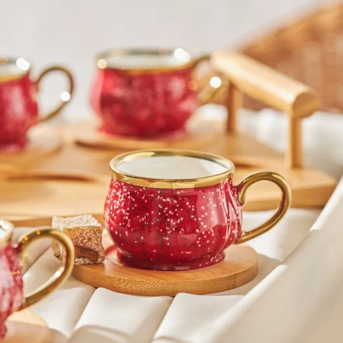 Coffret de tasses à café pour 6 personnes avec plateau en bambou Karaca, 90 ml, rouge