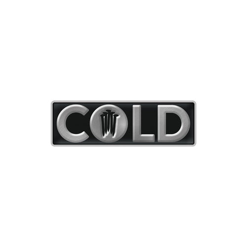 Enamel pin with "COLD" written in silver lettering over a black background. Black nails form the hole inside the O.