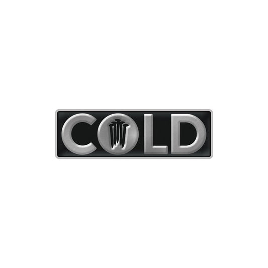 Enamel pin with "COLD" written in silver lettering over a black background. Black nails form the hole inside the O.