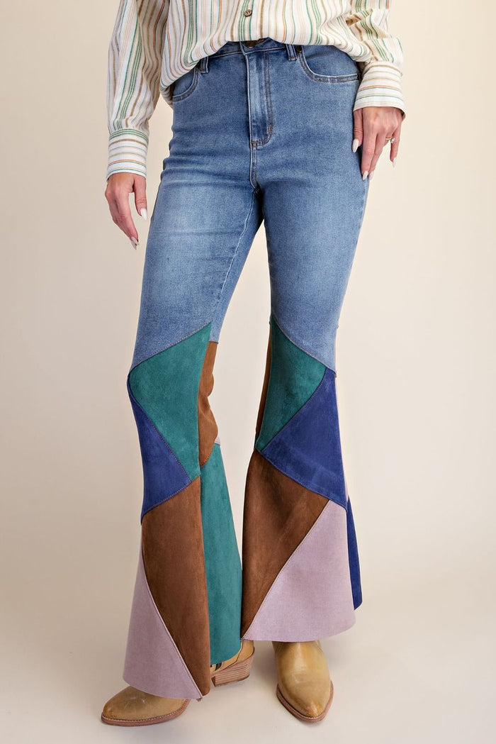 Color Block Suede Flare Jeans