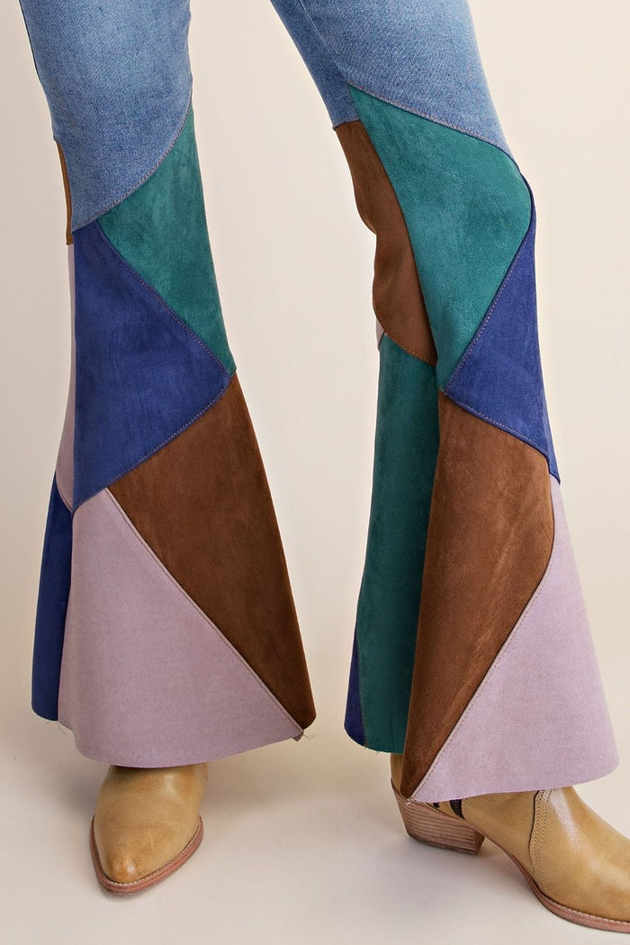 Color Block Suede Flare Jeans