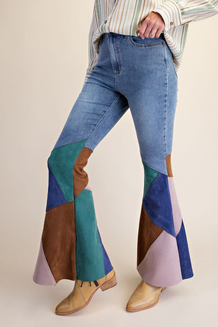 Color Block Suede Flare Jeans