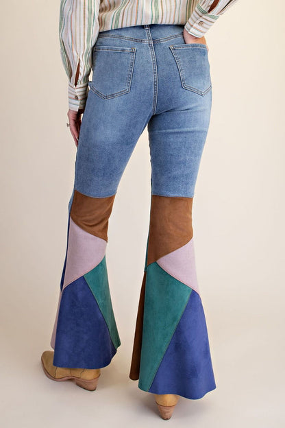 Color Block Suede Flare Jeans