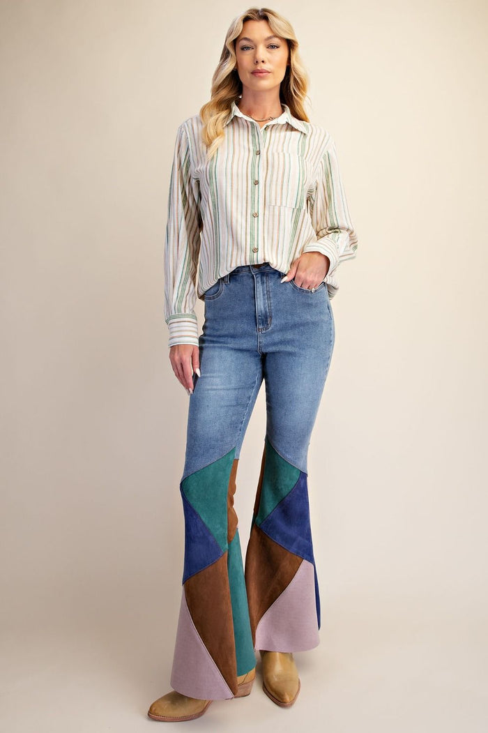 Color Block Suede Flare Jeans