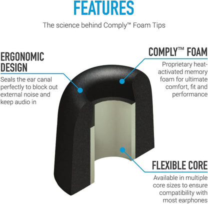 Comply Isolation Noise Cancelling Memory Foam Earphone Tips Black M