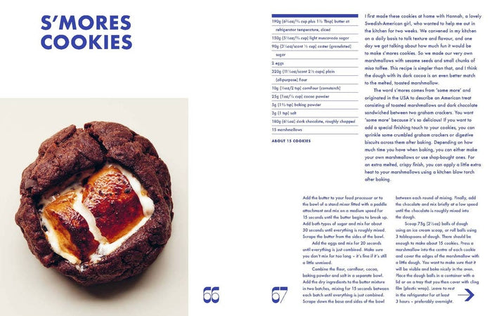 S'mores cookie with marshmallow and chocolate on a white background, next to a recipe text.