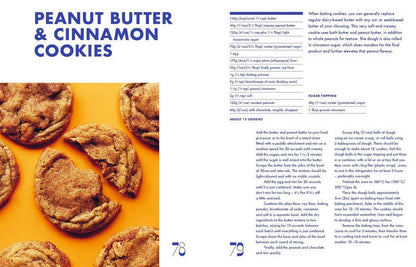 Peanut butter and cinnamon cookies on a yellow background with a recipe text.