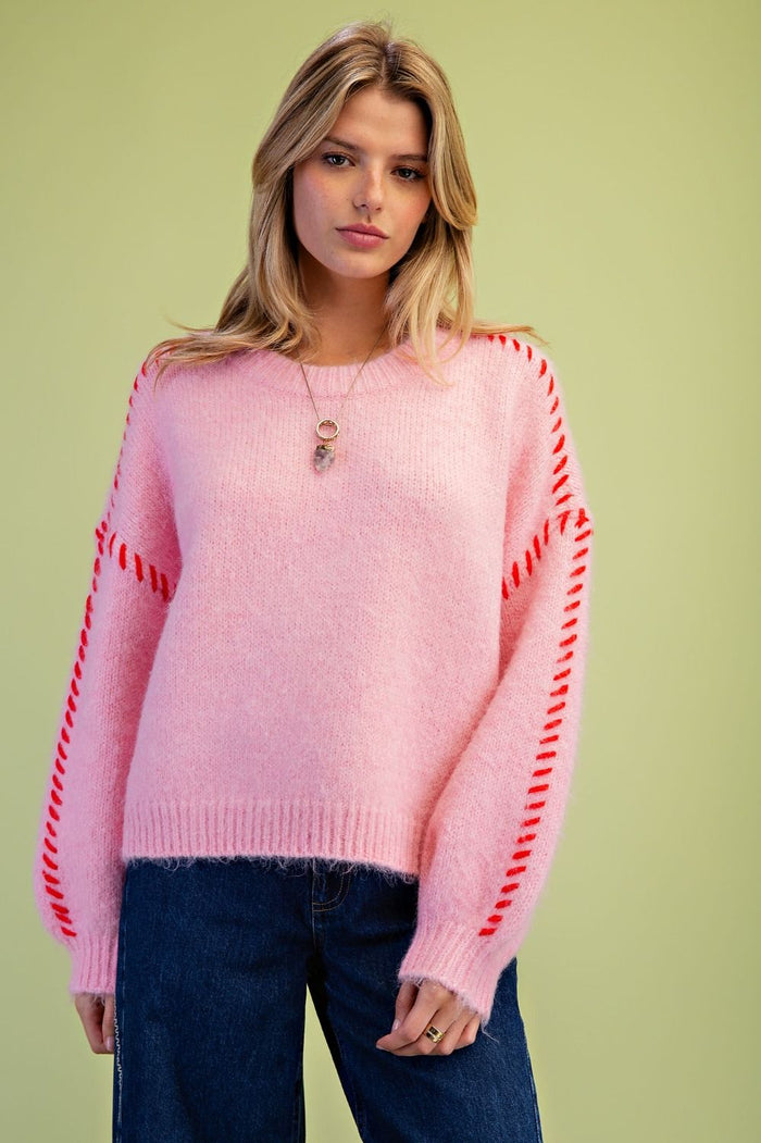 Cotton Candy Pink Contrast Stitch Sweater