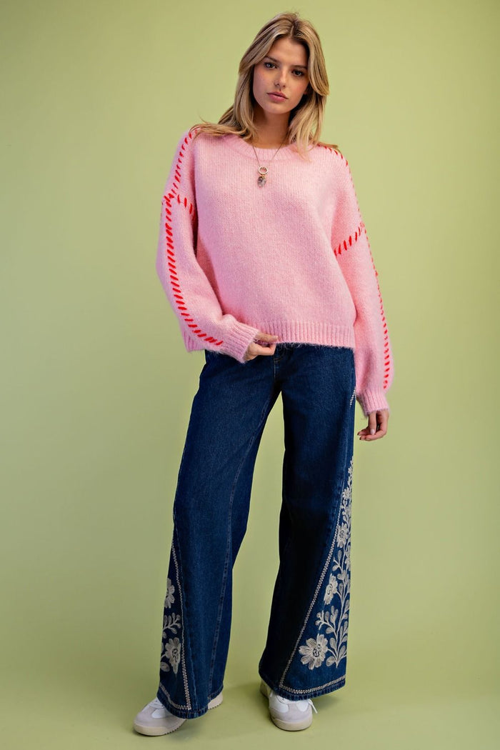 Cotton Candy Pink Contrast Stitch Sweater
