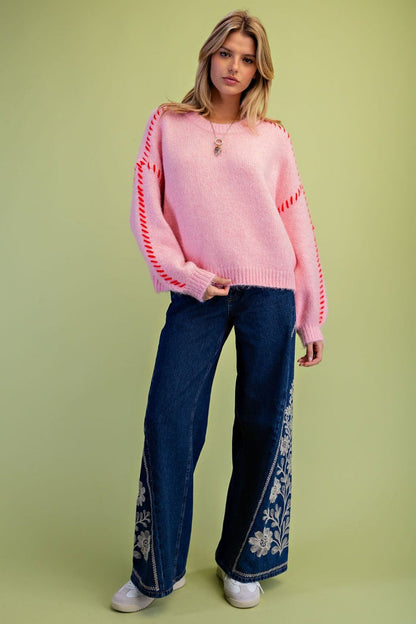 Cotton Candy Pink Contrast Stitch Sweater