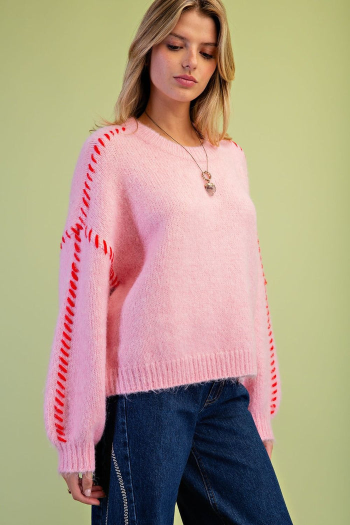Cotton Candy Pink Contrast Stitch Sweater