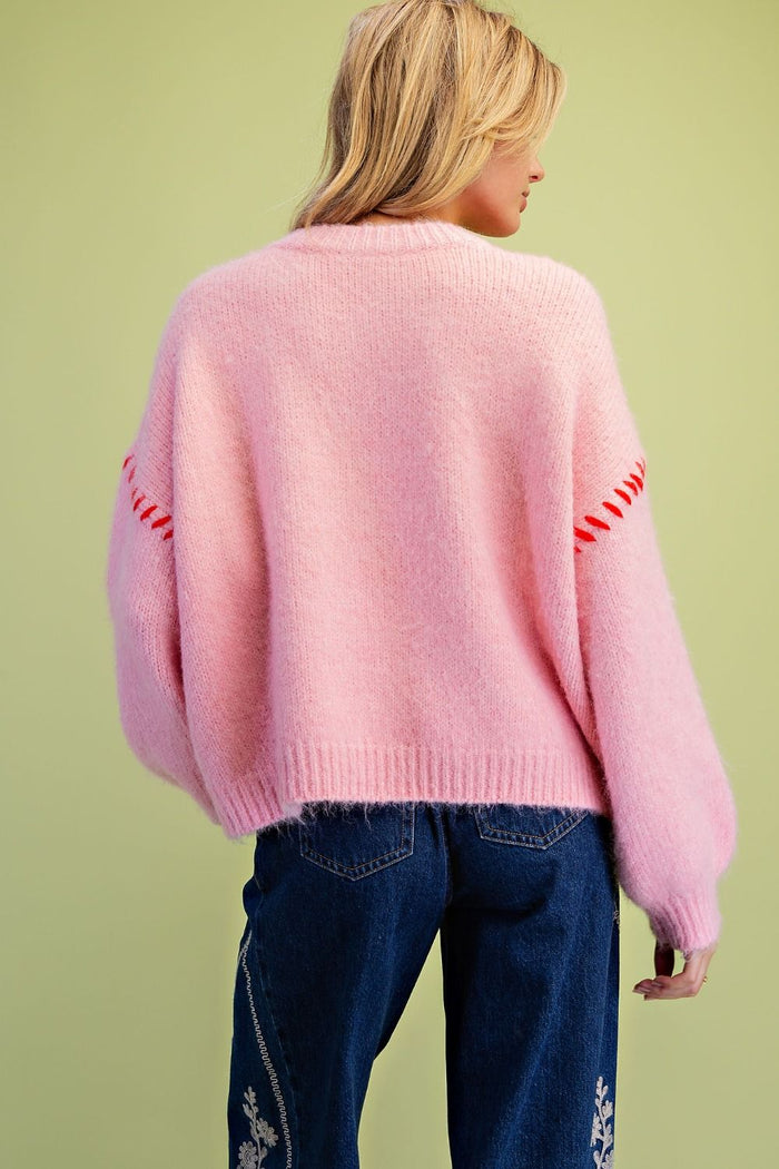 Cotton Candy Pink Contrast Stitch Sweater