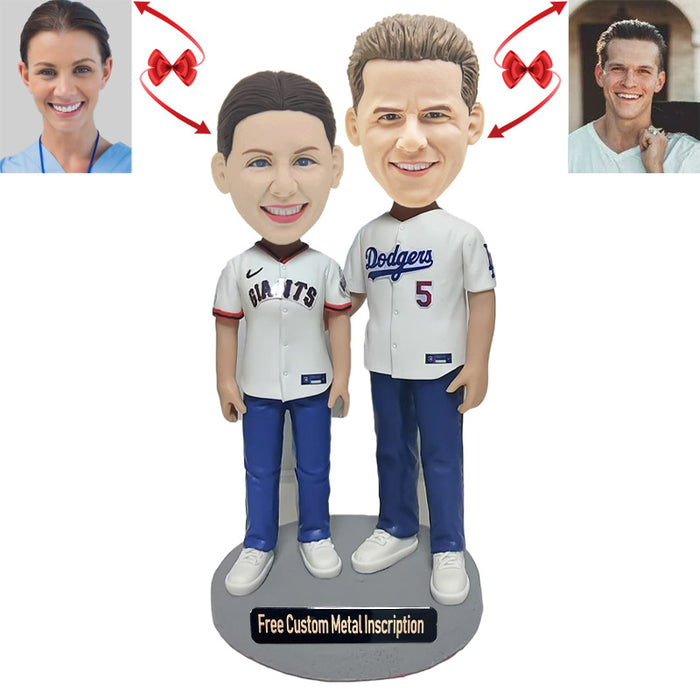 Couple  who Love Basebal Custom Bobblehead with Free Metal Inscriptionl