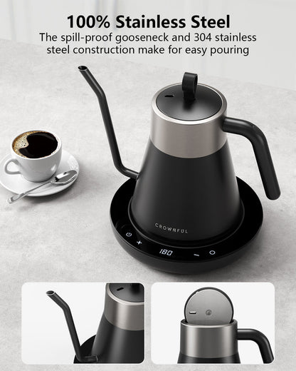 CROWNFUL Smart Electric Gooseneck Kettle, 0.8L Capacity, Matte Black