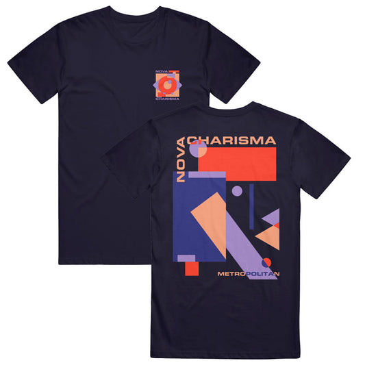 Nova Charisma Comfort Colors navy T-shirt with NOVA CHARISMA text and a small geometric design on the front, plus a bold orange geometric pattern and NOVA CHARISMA METROPOLITAN text on the back.