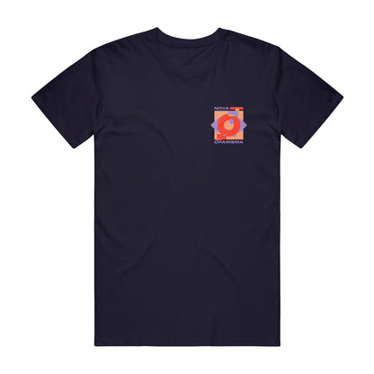 The Nova Charisma Comfort Colors t-shirt in navy features a small geometric orange and pink design with NOVA CHARISMA on the chest. Shop this Cubist T-Shirt for bold style and all-day comfort.
