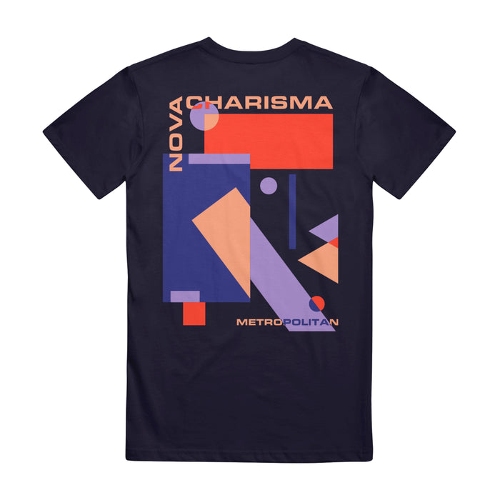 Nova Charisma Comfort Colors navy t-shirt with abstract geometric shapes in peach, purple, and red, featuring NOVA CHARISMA at the top left and METROPOLITAN at the bottom right—part of the Cubist T-Shirt collection.