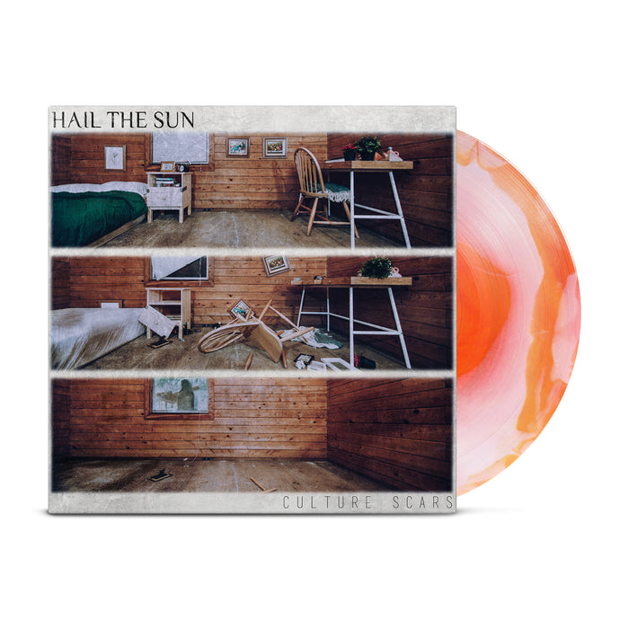 The album cover for Hail The Suns Culture Scars shows three wooden room panels—tidy, chaotic, then bare. A vibrant orange and white marbled Vinyl LP peeks out, reflecting the dynamic energy of the music. Brand: Hail The Sun.