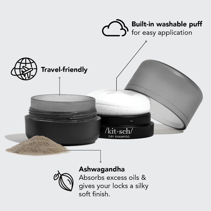 KITSCH Dark Volumizing Rice Protein Dry Shampoo with Puff — ingredient-focused detail shot — Enriched with rice protein, niacinamide & ashwagandha — formula created without talc or benzene, no white cast, no added fragrance