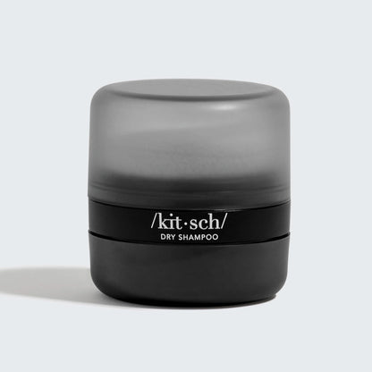 KITSCH Dark Volumizing Rice Protein Dry Shampoo with Puff — product lifestyle shot — Packaging made from recycled plastic and recycled paper — built-in puff for easy application to your roots