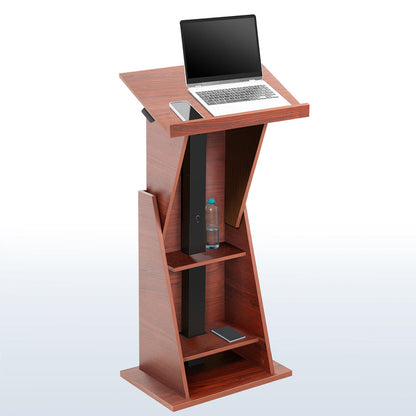 Sturdy modern height adjustable podium with storage shelves.