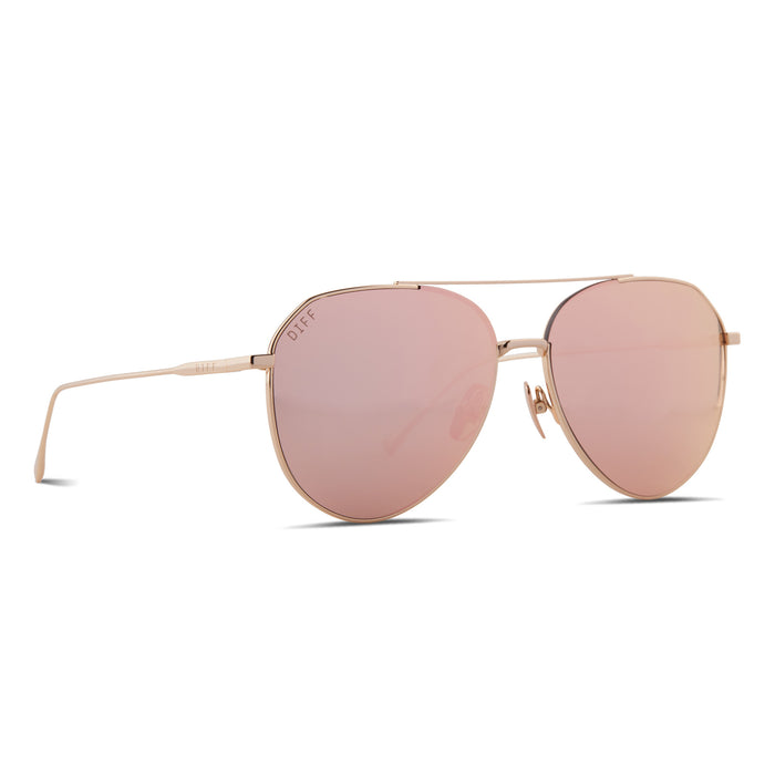 diff eyewear dash aviator sunglasses with a gold metal frame and peach mirror lenses angled view