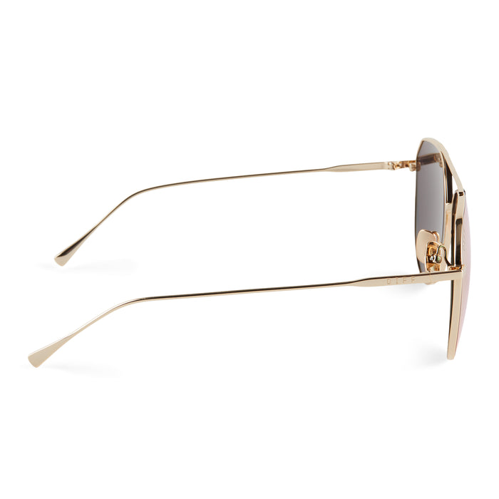 diff eyewear dash aviator sunglasses with a gold metal frame and peach mirror lenses side view