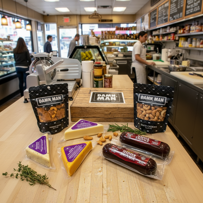 DM Snacks cheese, sausages, and nuts on a counter in a deli setting.