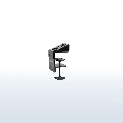 Space-saving desk clamp to mount Samsung monitor while maintaining height adjustment and articulation capabilities.