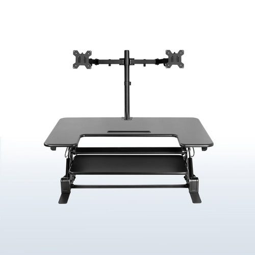 Height adjustable desk riser with articulating dual monitor mount.