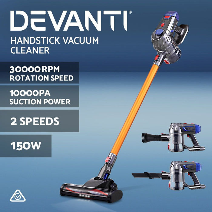 Devanti Handheld Vacuum Cleaner Cordless Stick Handstick Car Vac Bagless 2-Speed LED Headlight Gold -Home Living Store - -