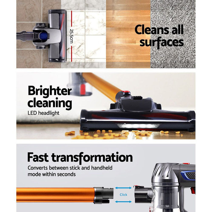 Devanti Handheld Vacuum Cleaner Cordless Stick Handstick Car Vac Bagless 2-Speed LED Headlight Gold -Home Living Store - -
