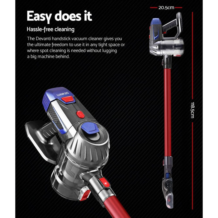 Devanti Handheld Vacuum Cleaner Cordless Stick Handstick Vac Bagless 2-Speed Headlight Red -Home Living Store - -