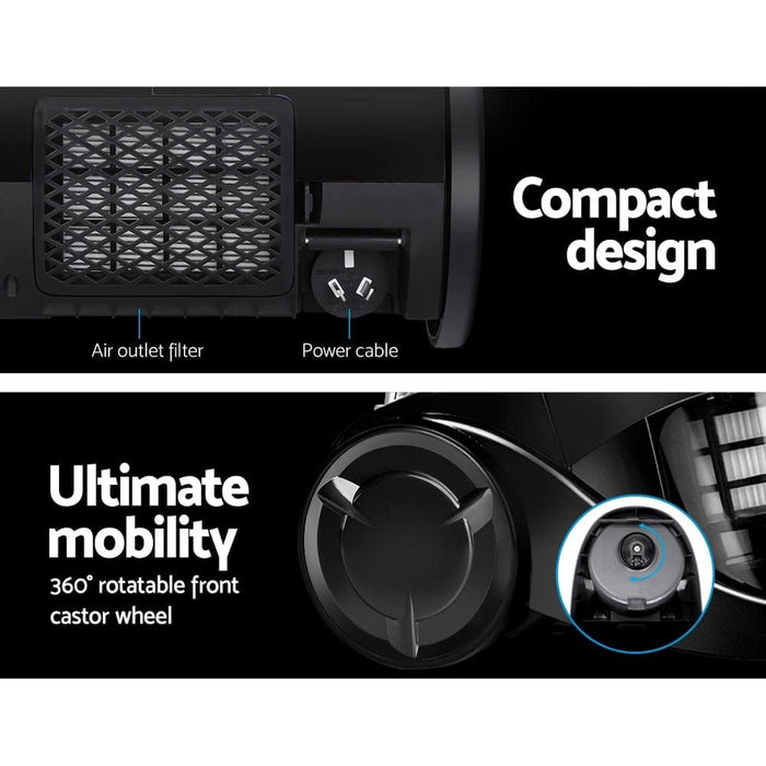 Devanti Vacuum Cleaner Bagless Cyclone Cyclonic Vac Home Office Car 2200W Black -Home Living Store - -