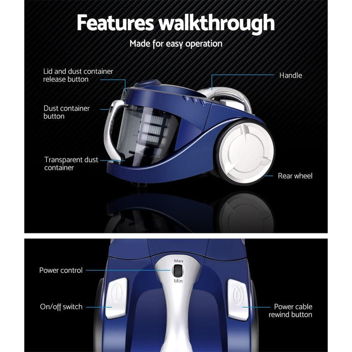 Devanti Vacuum Cleaner Bagless Cyclone Cyclonic Vac Home Office Car 2200W Blue -Home Living Store - -