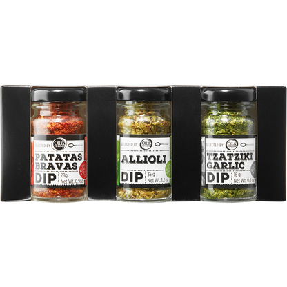 Three glass jars with black lids, labeled as Patatas Bravas Dip, Allioli Dip, and Tzatziki Garlic Dip, arranged side by side.
