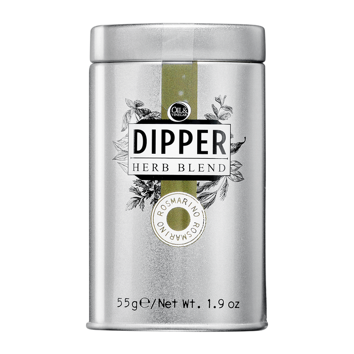A tin container of Dipper Herb Blend, with the label showing 'Rosmarino' and indicating the weight of 55g/1.9oz.