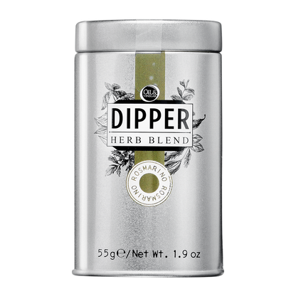 A tin container of Dipper Herb Blend, with the label showing 'Rosmarino' and indicating the weight of 55g/1.9oz.