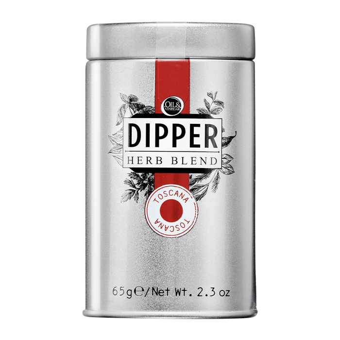 A tin container of Dipper Herb Blend with a label indicating 'Toscana' and a net weight of 65g/2.3 oz.