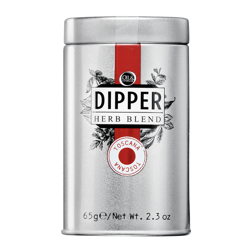 A tin container of Dipper Herb Blend with a label indicating 'Toscana' and a net weight of 65g/2.3 oz.
