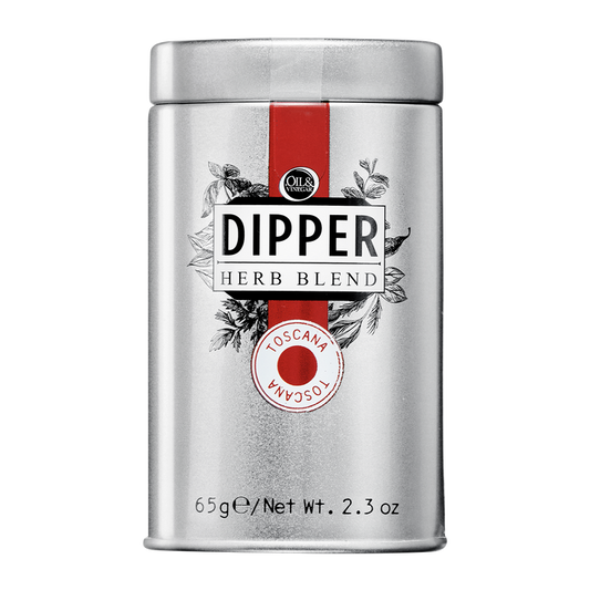 A tin container of Dipper Herb Blend with a label indicating 'Toscana' and a net weight of 65g/2.3 oz.