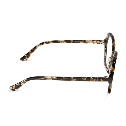 diff eyewear featuring the dixie hexagon prescription glasses with a espresso tortoise frame and prescription lenses side view