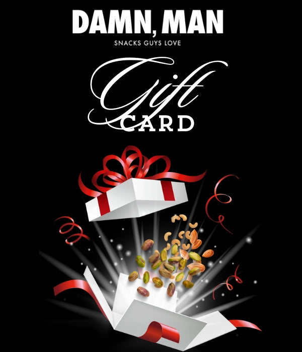 Damn, Man Snacks E-Gift Card for men's unique snack gifts with instant email delivery, featuring a gift box and scattered snacks