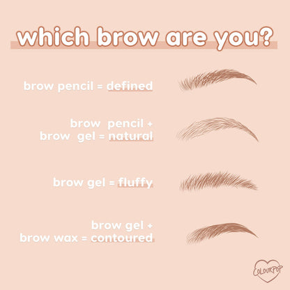 ColourPop infographic showcases Dope Taupe Pencil brow pencil results - defined with pencil, natural with pencil + gel, fluffy with gel, contoured with gel + wax - four illustrated brows on a peach backdrop with ColourPop logo.